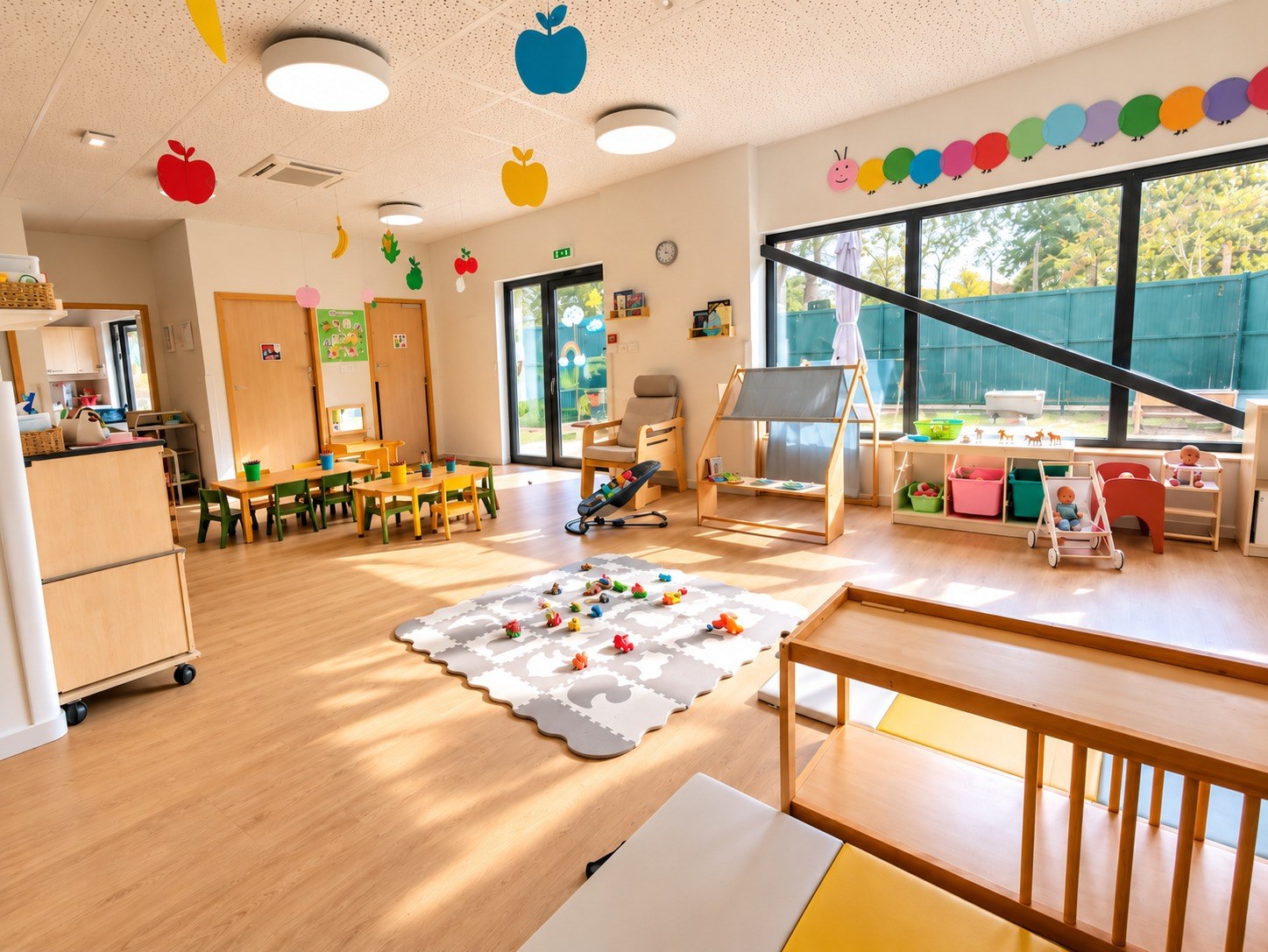 Salle de vie lumineuse de La Cabane à Bulles au Mans, avec tables, tapis de jeu et grandes fenêtres sur le jardin